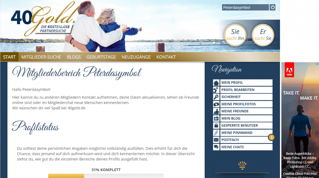 Einblick in den Mitgliederbereich auf 40Gold.de