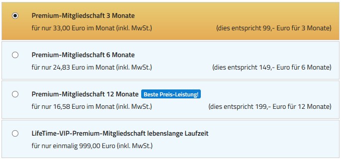 Die Preise auf Singles-4You.de