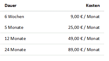 Travesta.de - Kosten